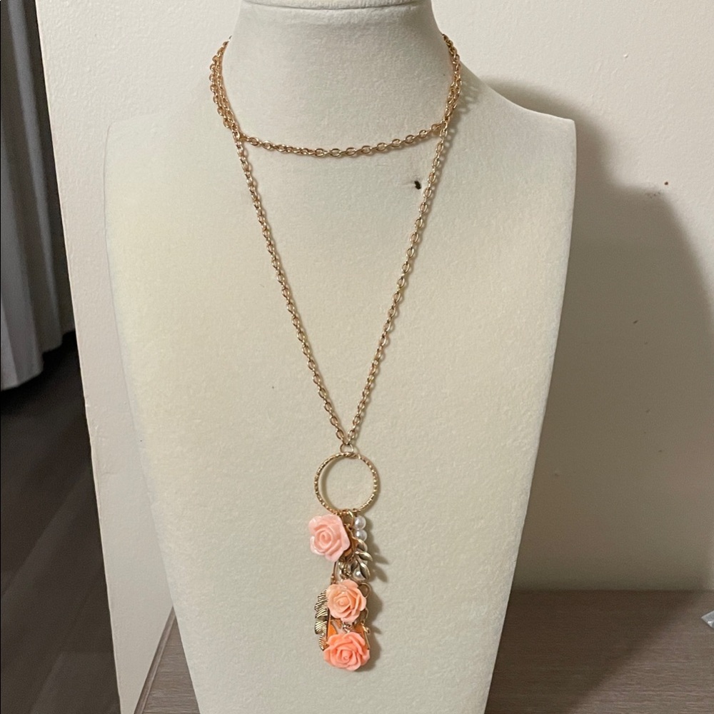 Hand Crafted Gold Necklace with Peach Floral Accents